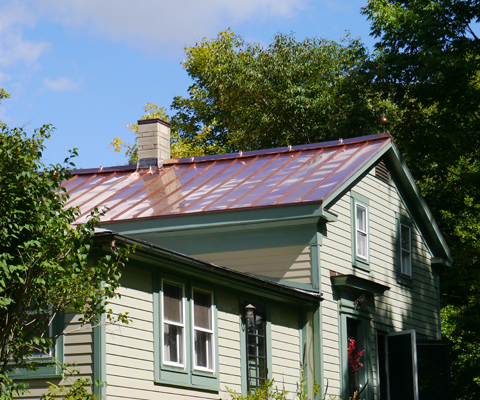 Copper standing seam metal roof on historic century home in Chardon, Ohio
