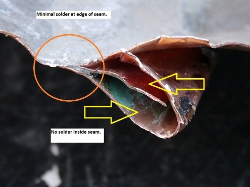 Poorly soldered copper roof seam resized
