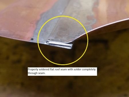 Properly soldered copper flat roof seam 